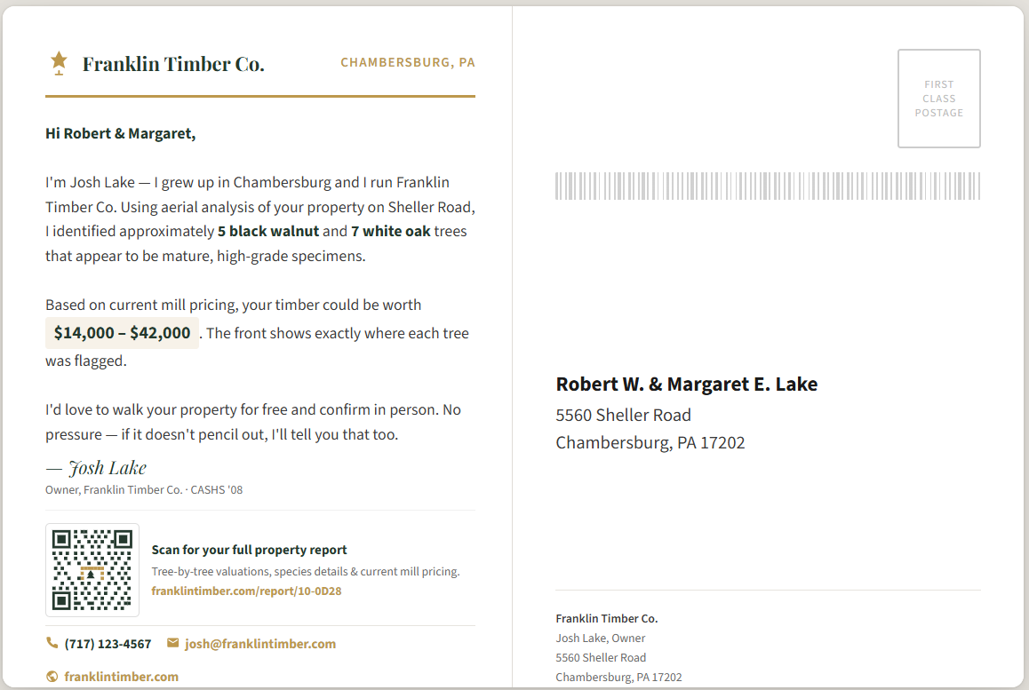 Owl — Postcard back with personalized letter